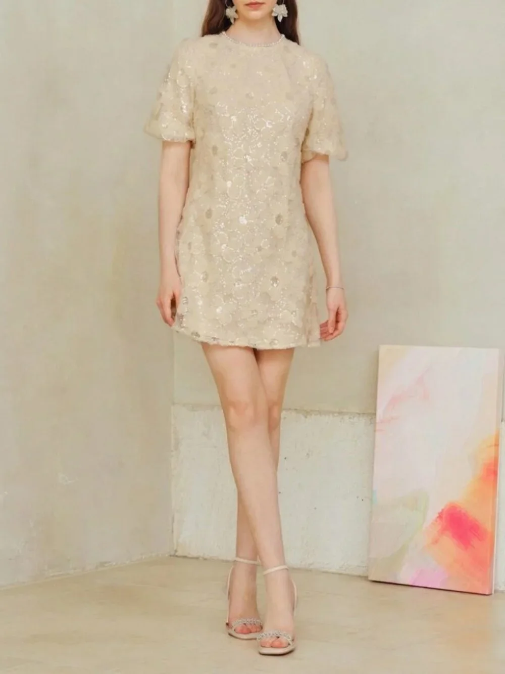 Cream Sequin Floral Applique Mini Dress with Puff Sleeves
